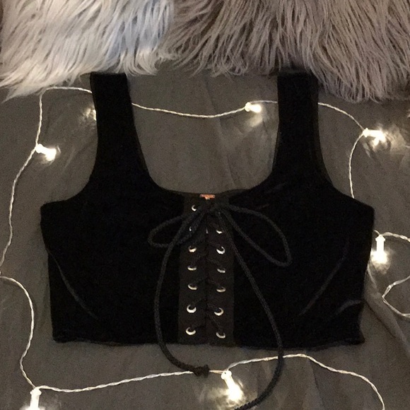 Free People Tops - FREE PEOPLE Black Velvet Lace Up Front Bustier Top